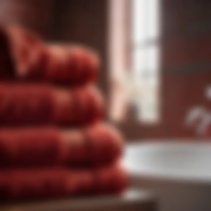 Close-up of plush brick red bath towel texture showcasing its luxurious feel