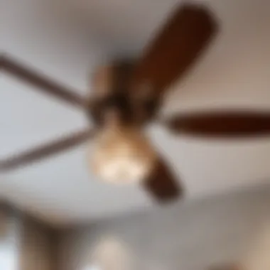 Close-up of round bathroom ceiling fan with integrated lighting