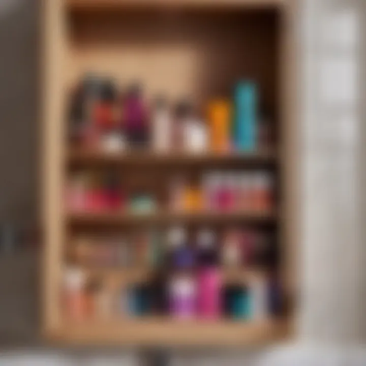 Colorful assortment of makeup products neatly displayed in a bathroom cabinet