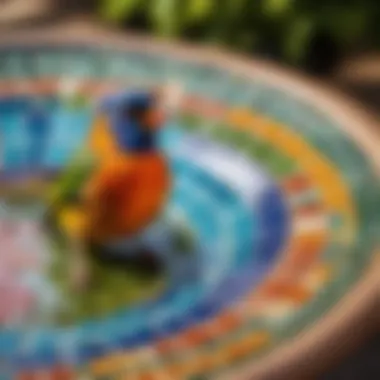 Vibrant Colors of a Tile Bird Bath Close-up of colorful tiles on a bird bath