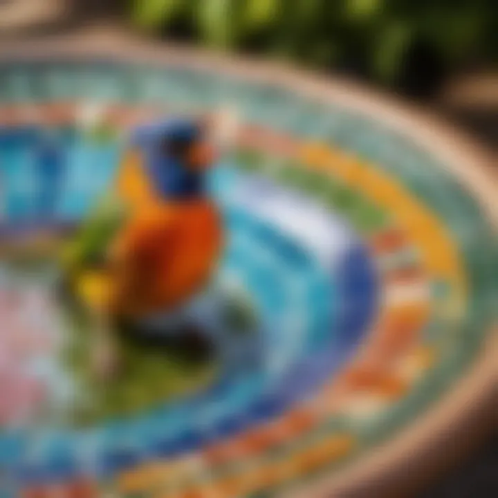 Vibrant Colors of a Tile Bird Bath Close-up of colorful tiles on a bird bath