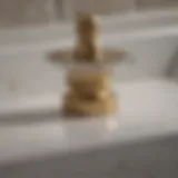 A detailed view of a bathroom sink drain with visible components.