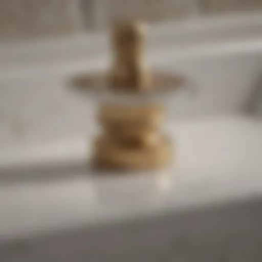 A detailed view of a bathroom sink drain with visible components.