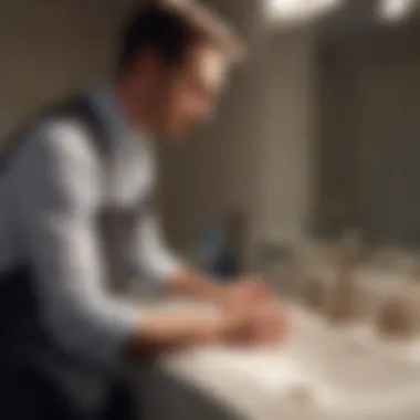 Detail-oriented contractor inspecting bathroom sink installation work