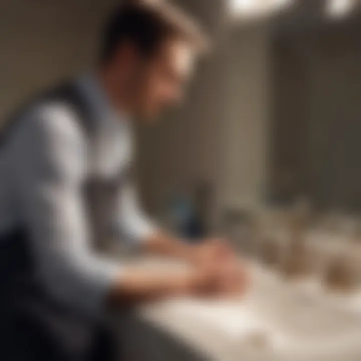 Detail-oriented contractor inspecting bathroom sink installation work