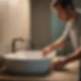 Craftsman meticulously sizing and cutting bathroom sink materials Skilled artisan carefully sizing and cutting bathroom sink materials