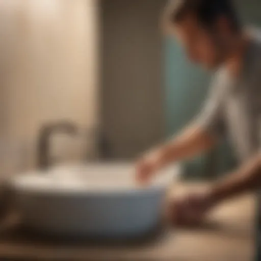 Craftsman meticulously sizing and cutting bathroom sink materials Skilled artisan carefully sizing and cutting bathroom sink materials