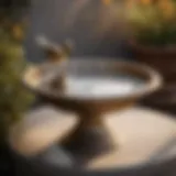 Elegant small metal bird bath with intricate floral patterns