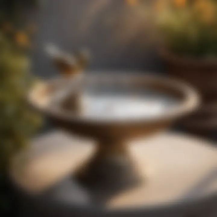 Elegant small metal bird bath with intricate floral patterns