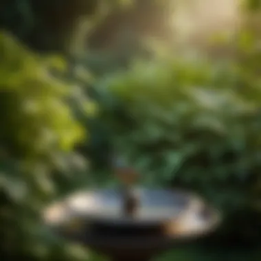 Minimalist small metal bird bath against a backdrop of lush greenery