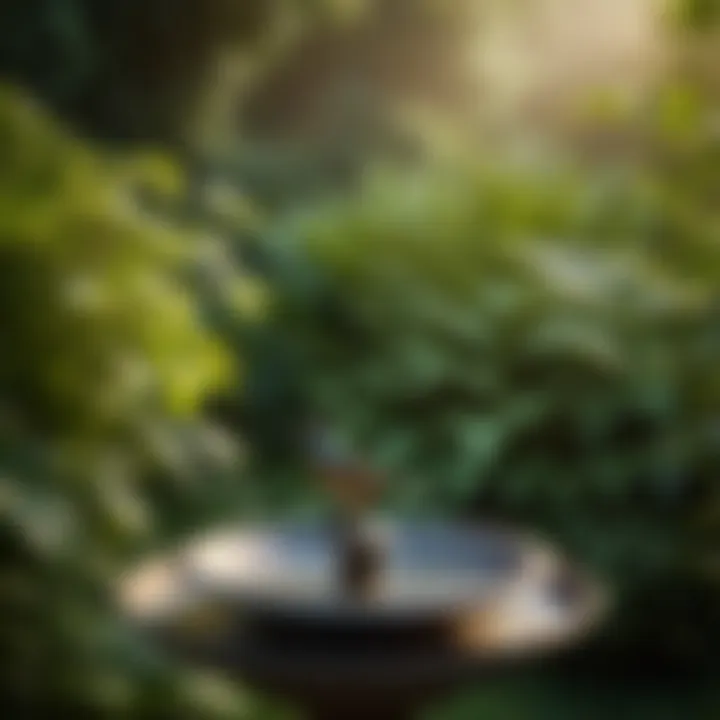 Minimalist small metal bird bath against a backdrop of lush greenery