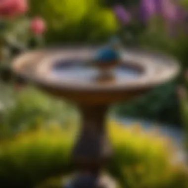 Rustic small metal bird bath nestled among vibrant garden blooms