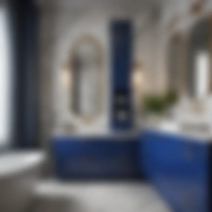 Royal Blue Cabinet Against Marble Wall in Contemporary Bathroom