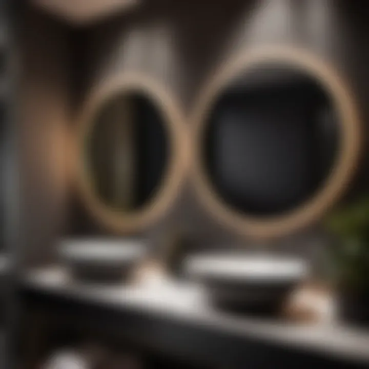 Round black mirror enhancing ambiance of contemporary bathroom space