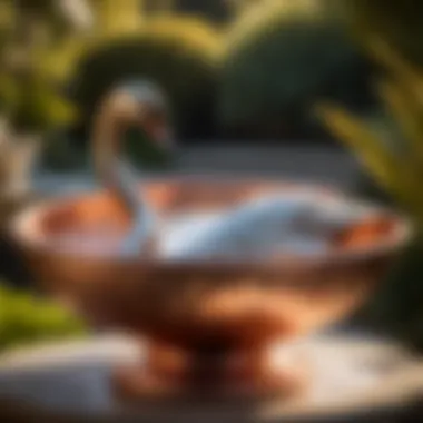 Graceful copper bird bath bowl with elegant swan design