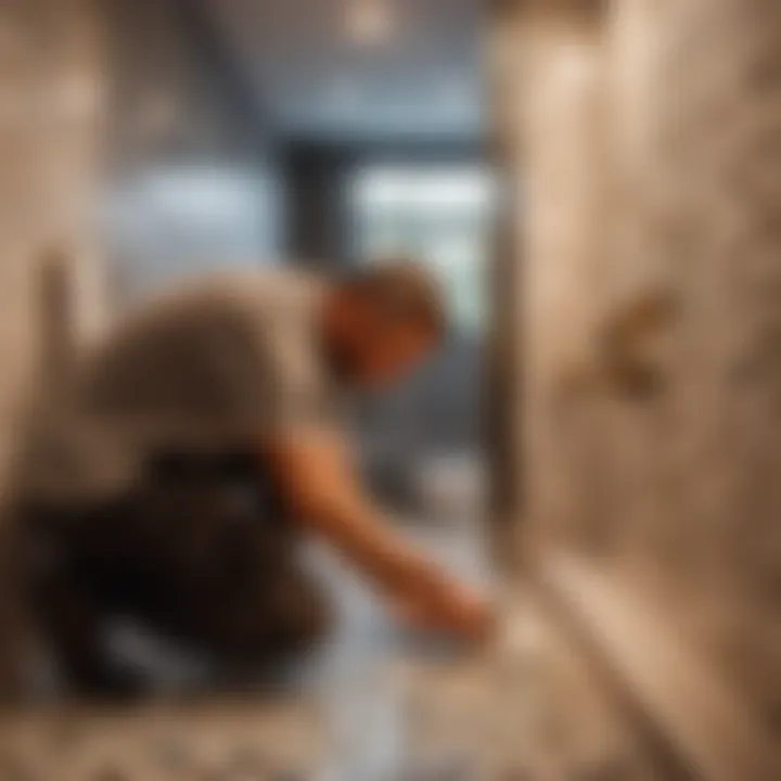Professional tiler at work in a bathroom