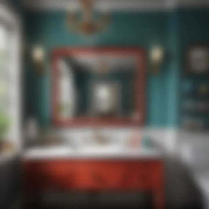 A vibrant country bathroom showcasing bold colors and eclectic accessories