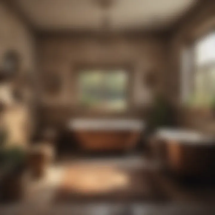 A cozy country bathroom adorned with earthy tones and natural materials