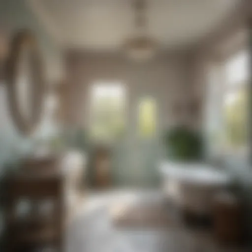 A serene country bathroom featuring soft pastel tones and rustic decor