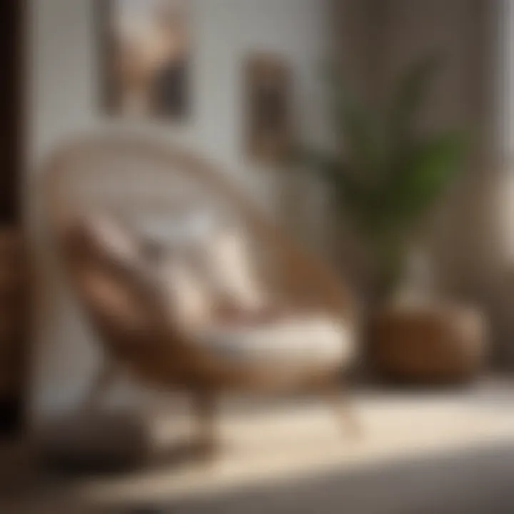 Cozy Bedroom Setting with Rattan Chair A cozy bedroom setting featuring a rattan chair with decorative pillows.