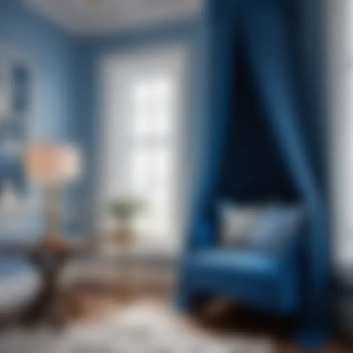 Cozy reading nook in blue and white palette