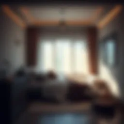 A tranquil bedroom featuring soft neutral tones and dim lighting