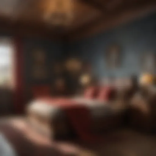 A cozy Harry Potter themed bedroom with Gryffindor colors and rustic wooden furniture