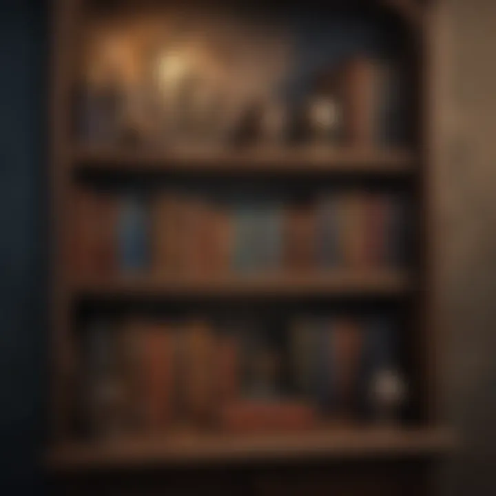 A beautifully arranged bookshelf filled with Harry Potter novels and themed decorations