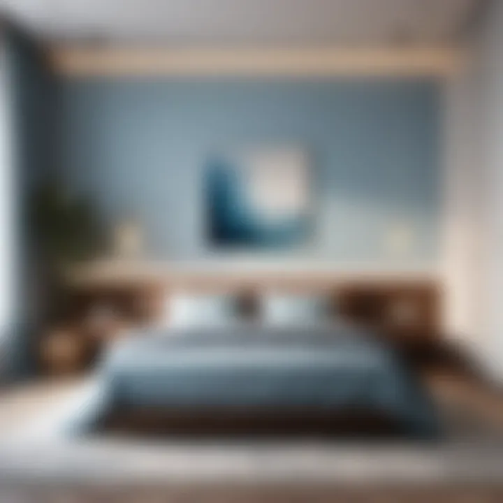 Minimalist bedroom with soft blue hues and cozy textures