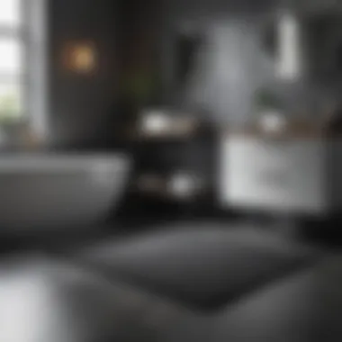 Dark grey bathroom mat styled within a minimalist interior