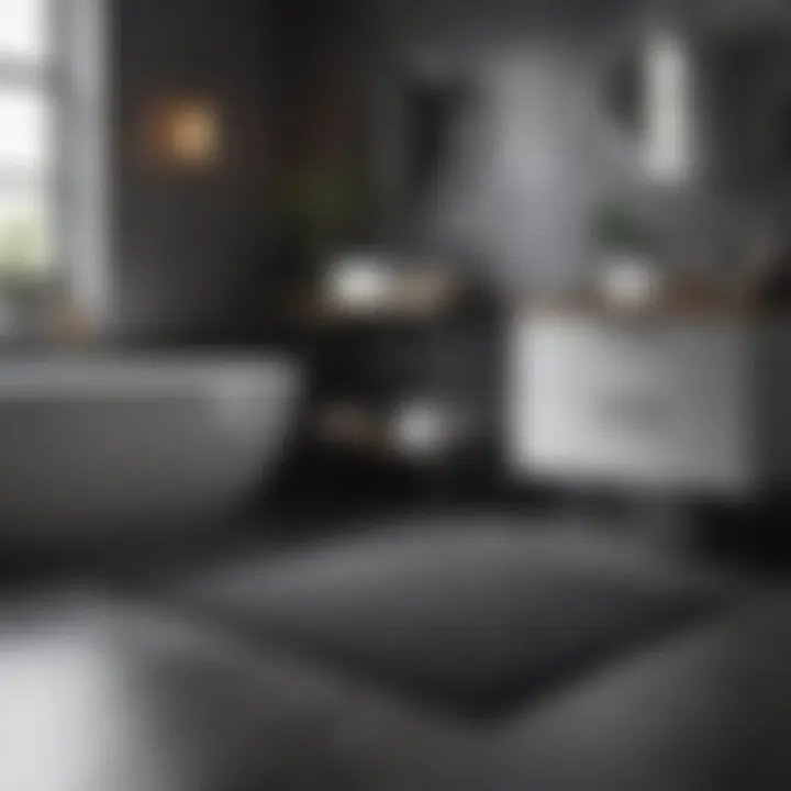 Dark grey bathroom mat styled within a minimalist interior