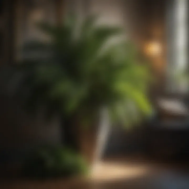 Dramatic large plant with long cascading fronds in low-light setting
