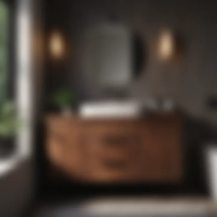 Dark Wood Cabinet in Serene Bathroom Setting Dark wood cabinet integrated into a serene bathroom setting