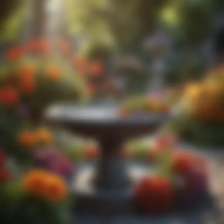 Vibrant Floral Decor Surrounding a Bird Bath Colorful floral arrangements around a bird bath