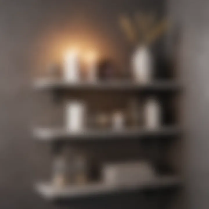 Minimalist bathroom shelf with stylish jars and candles