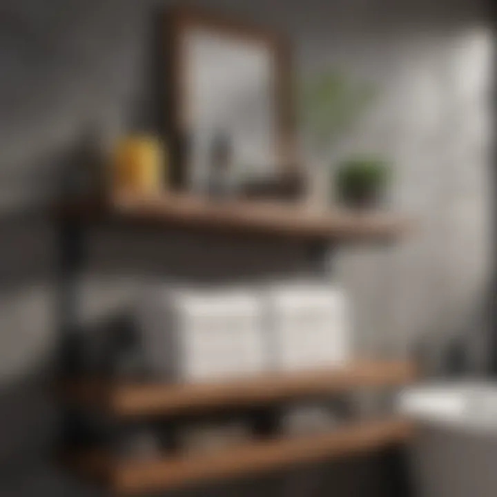 Rustic bathroom shelf displaying towels and decor