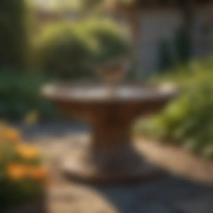 Rustic wooden bird bath set in a tranquil garden environment
