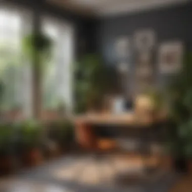 Stylish Home Office Aesthetic Stylish home office featuring a deep desk surrounded by plants.