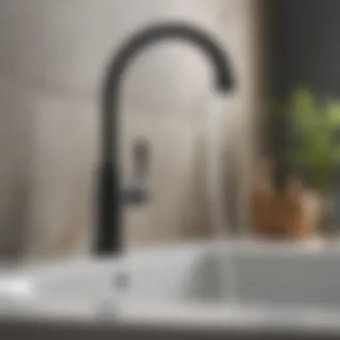 Delta Trinsic Matte Black Faucet in Action with Flowing Water Delta Trinsic Matte Black Bathroom Faucet with Water Running