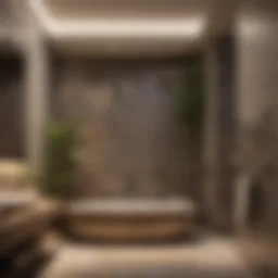 A serene bathroom featuring natural materials and soft lighting