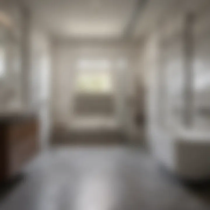 Safety features in a handicapped bathroom including grab bars and non-slip flooring
