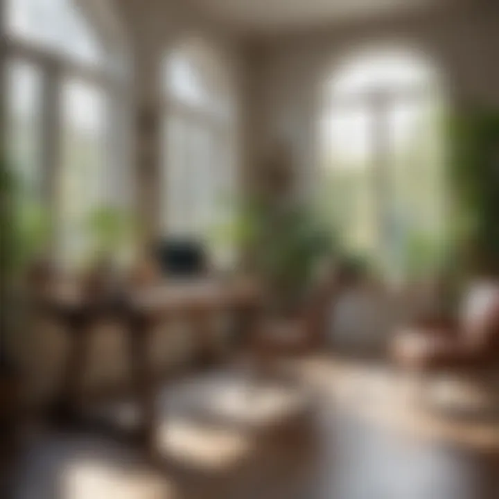 A well-lit home office featuring large windows and plants