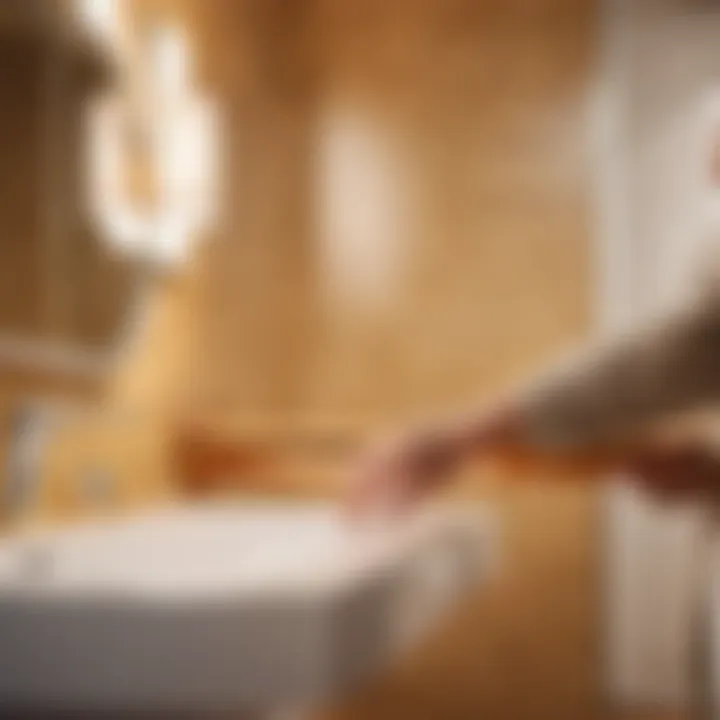 Elderly individual using grab bars in bathroom