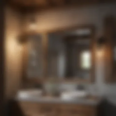 Rustic Reflections Farmhouse bathroom with distressed wood mirror and hanging pendant lights