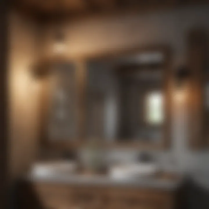 Rustic Reflections Farmhouse bathroom with distressed wood mirror and hanging pendant lights
