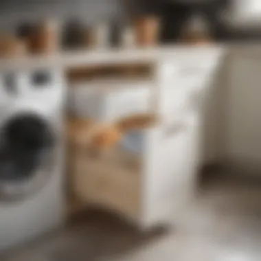 Space-saving laundry room shelf with hidden pull-out hamper