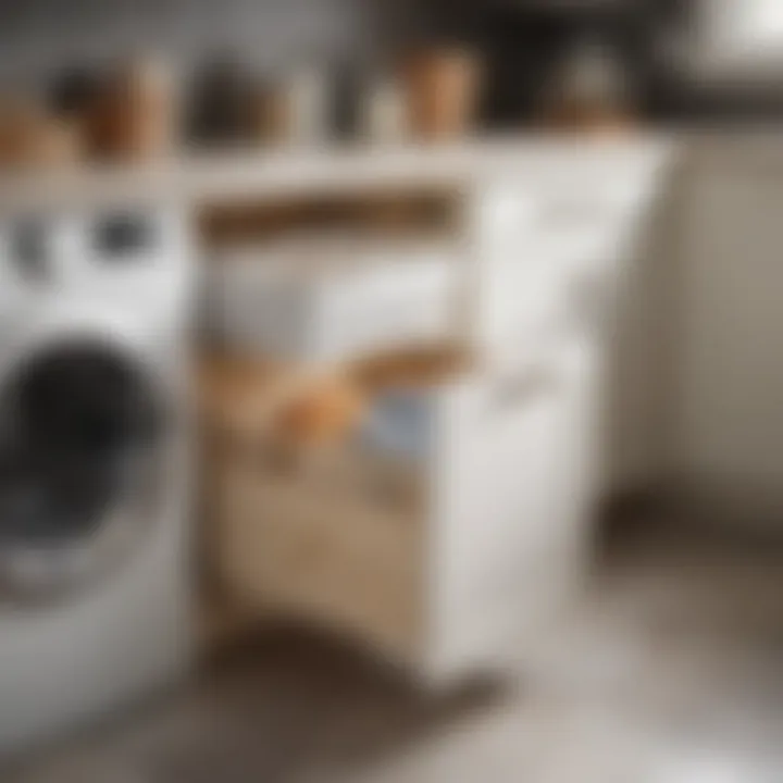 Space-saving laundry room shelf with hidden pull-out hamper