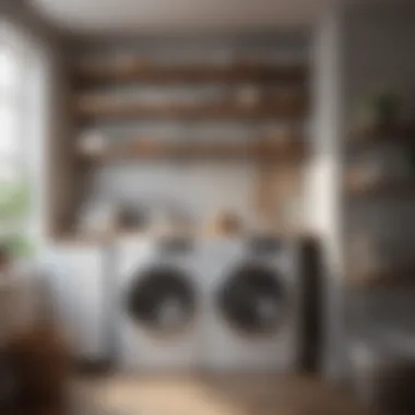 Functional Shelving Unit in Laundry Room Functional shelving unit in a laundry room showcasing innovative design