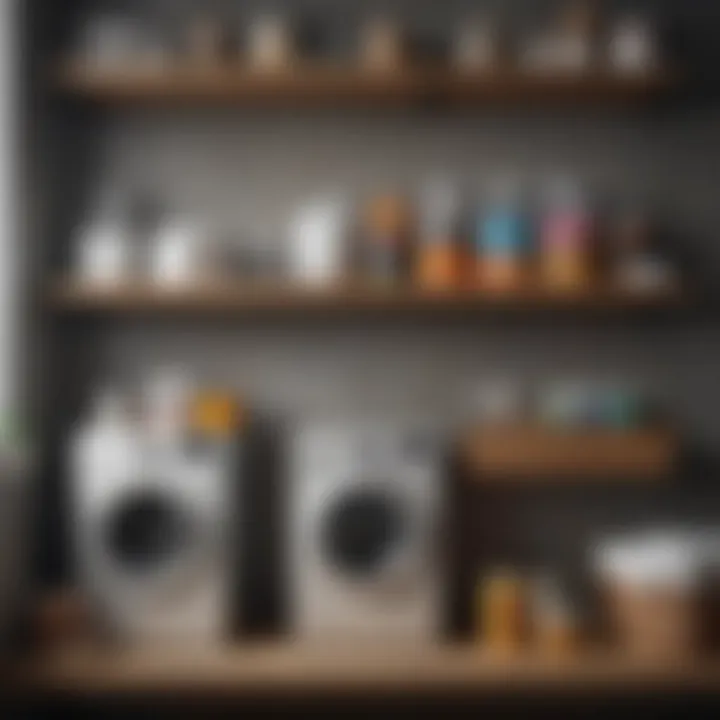 Close-up of neatly arranged laundry supplies on DIY shelves
