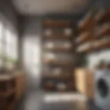 Stylish wooden shelves in a modern laundry room with organized storage